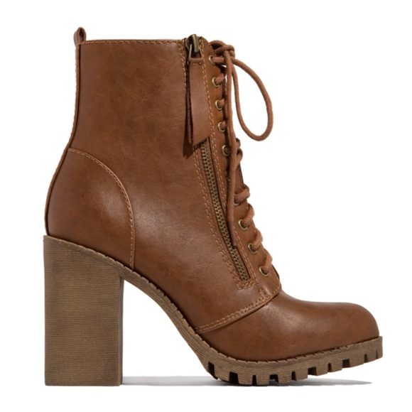 Tan Lace Up High Chunky Heel Combat Boots - Picture 7 of 11